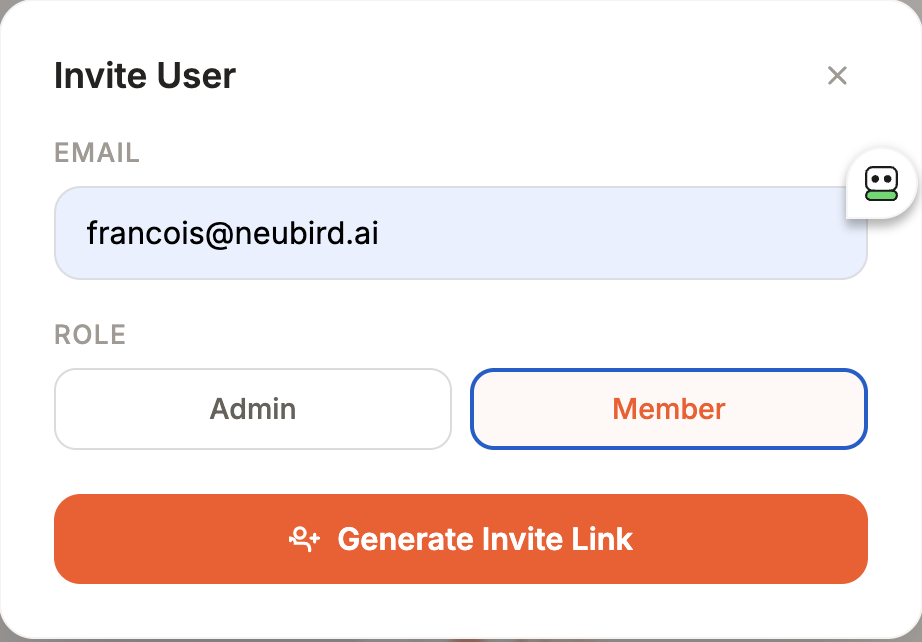 Invite user dialog with email and role selection