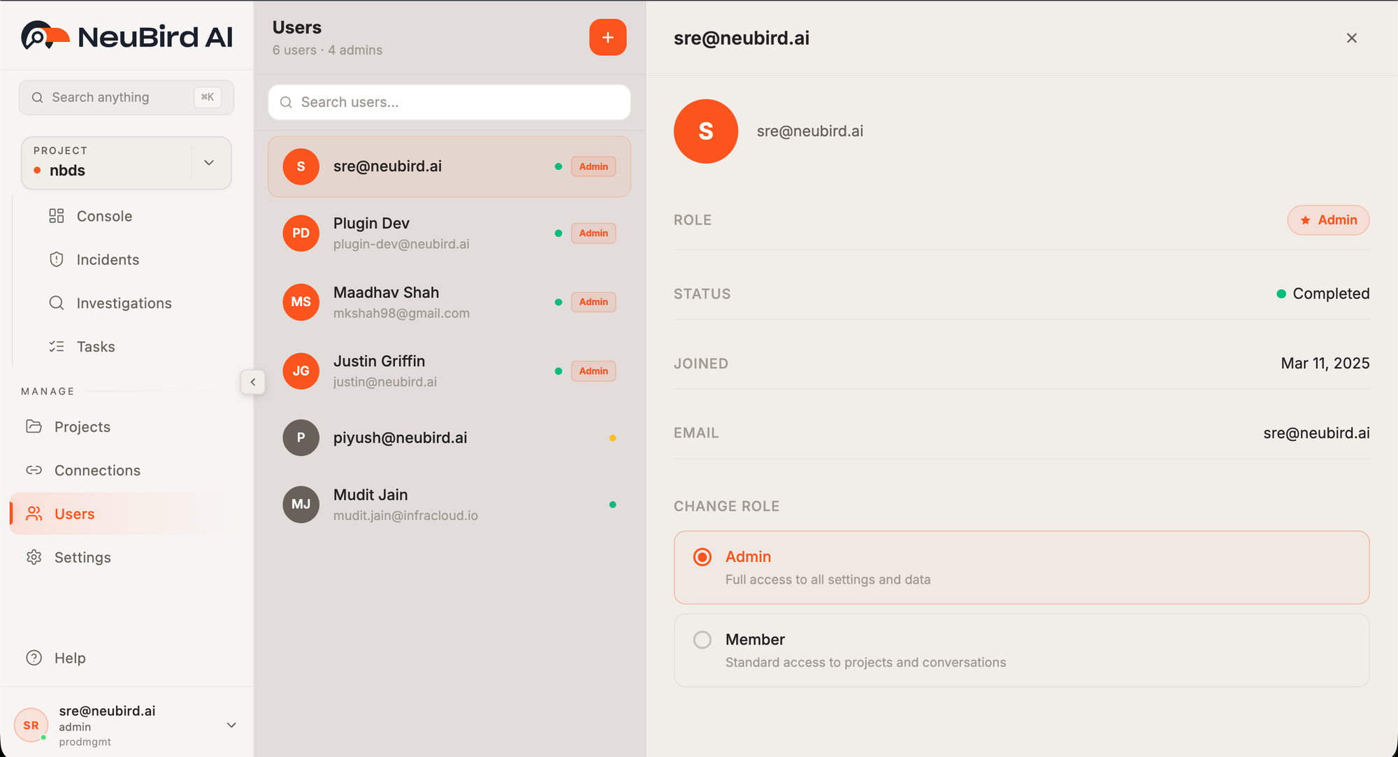 Users page with detail panel showing role selection