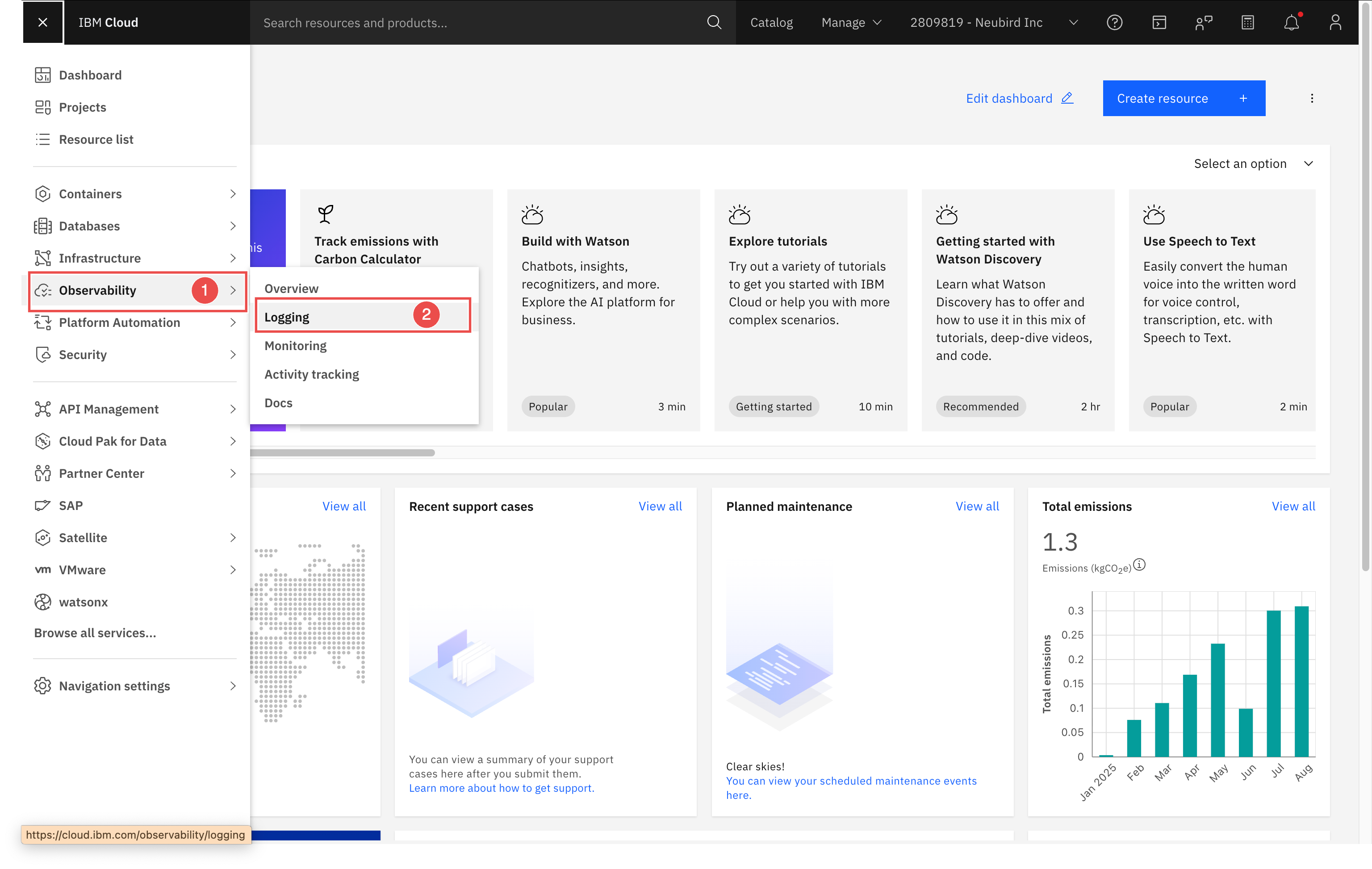 IBM Cloud Dashboard instance overview