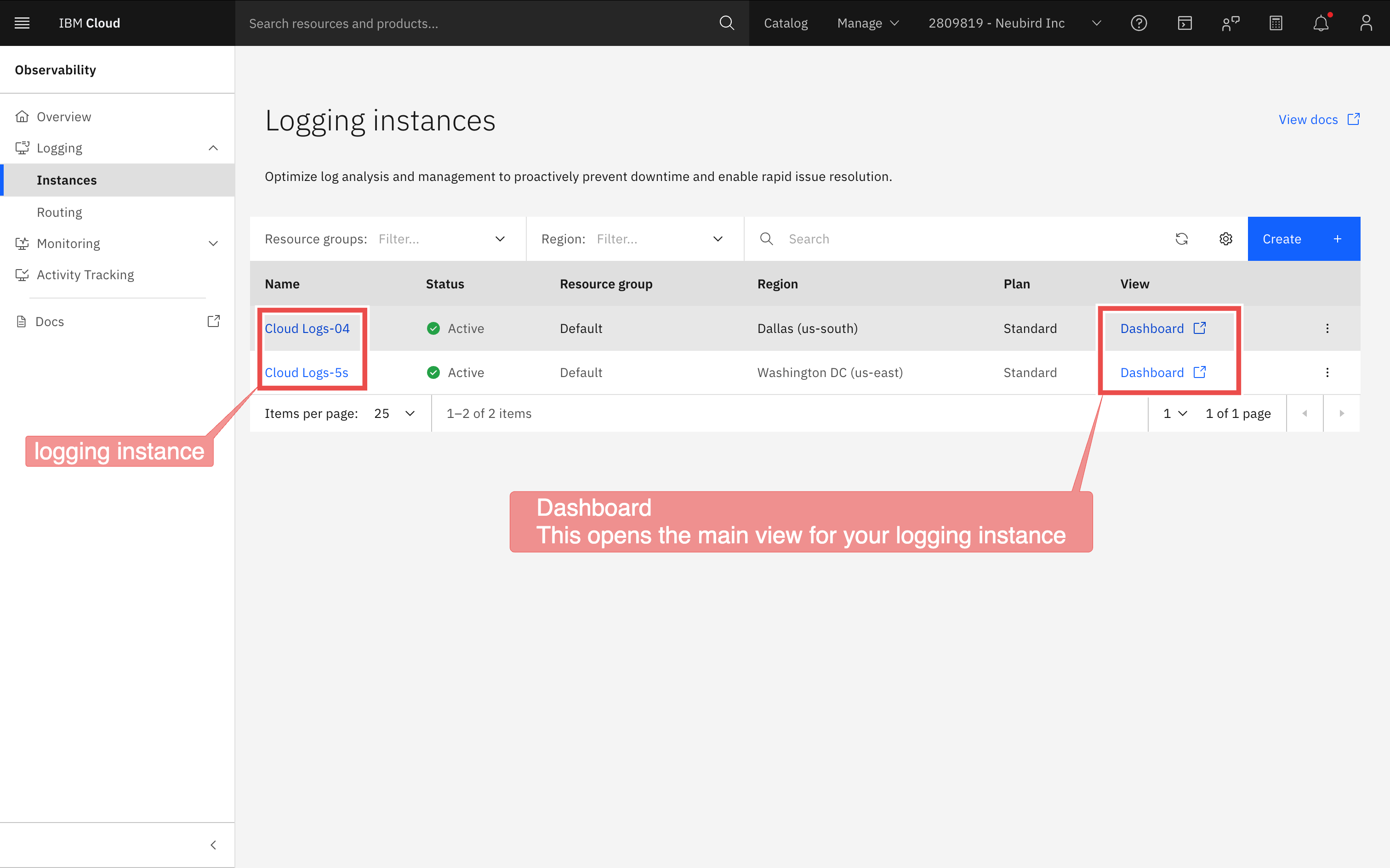 IBM Cloud Logging instance overview