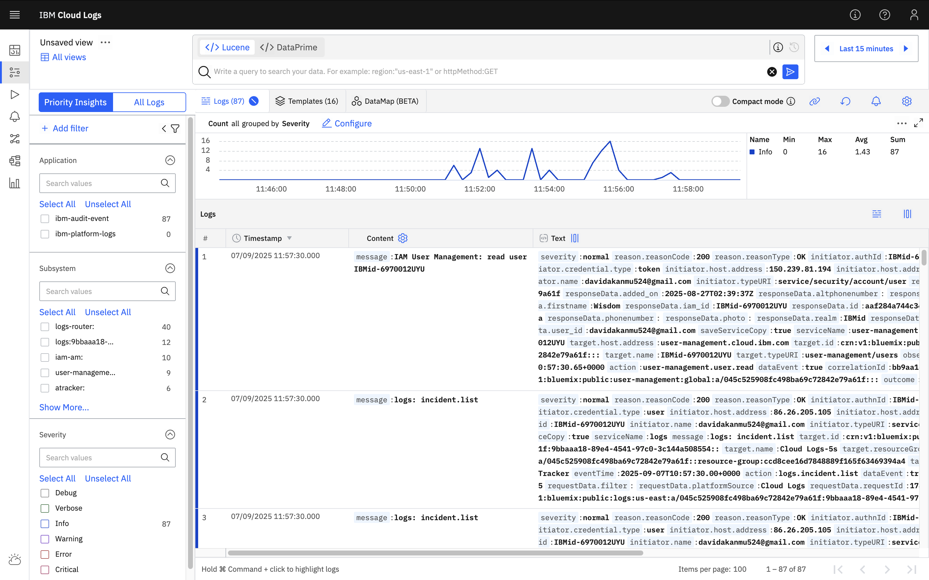 IBM Cloud log viewer with URL in browser address bar