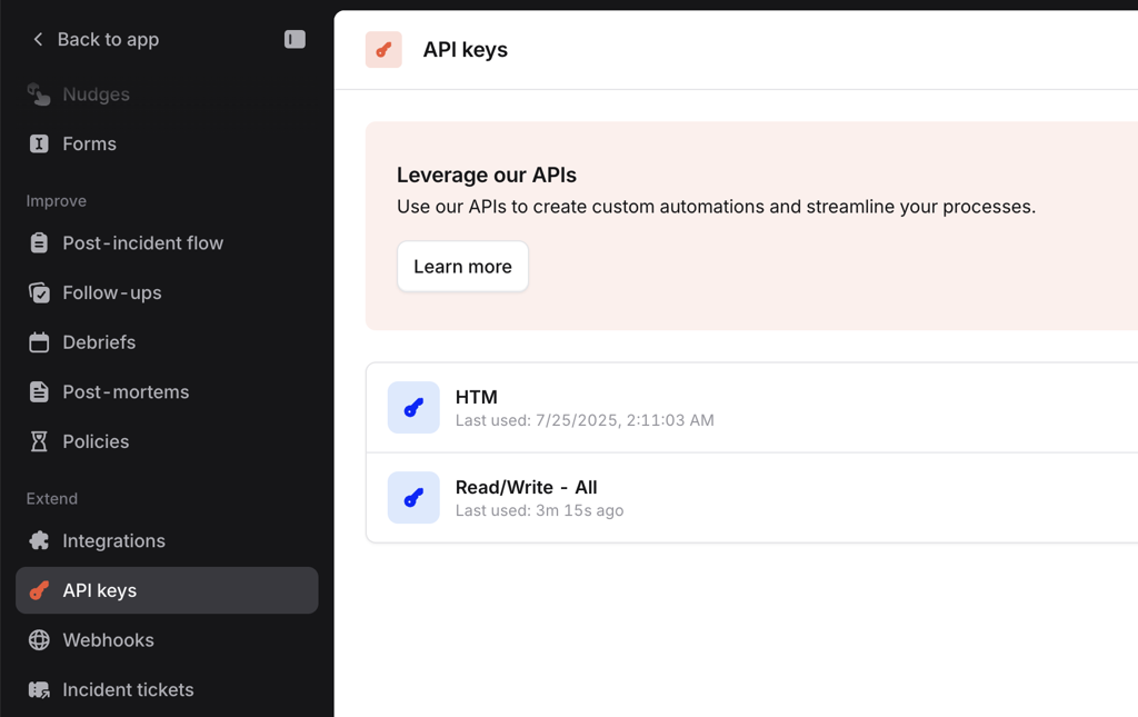 Incident.io API Keys page