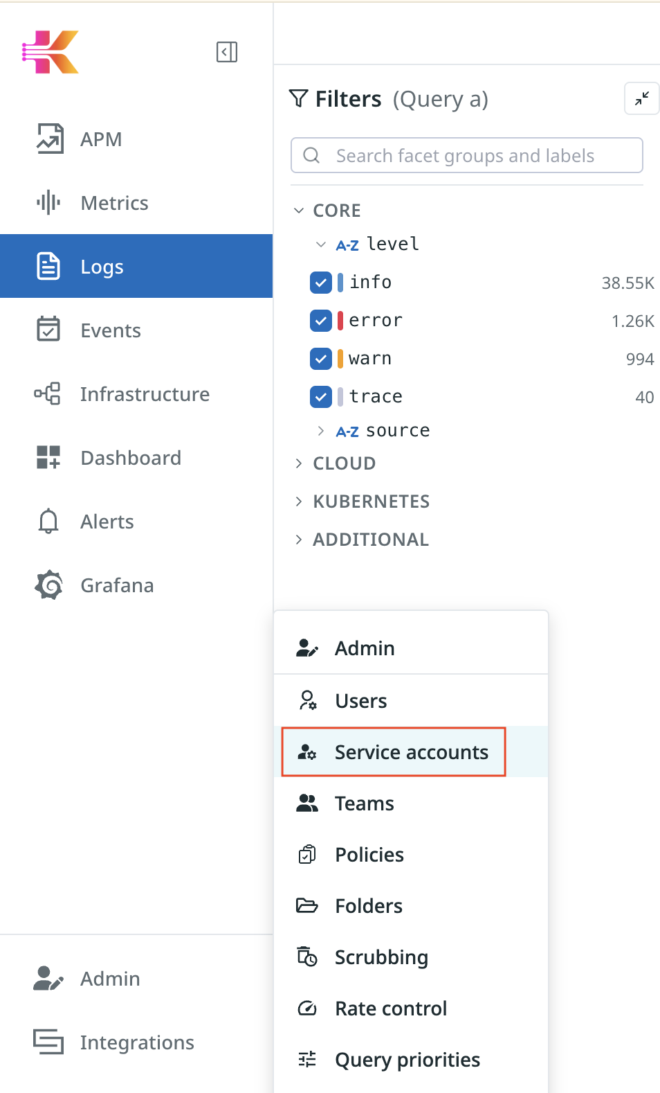 Kloudfuse admin menu with Service accounts selected