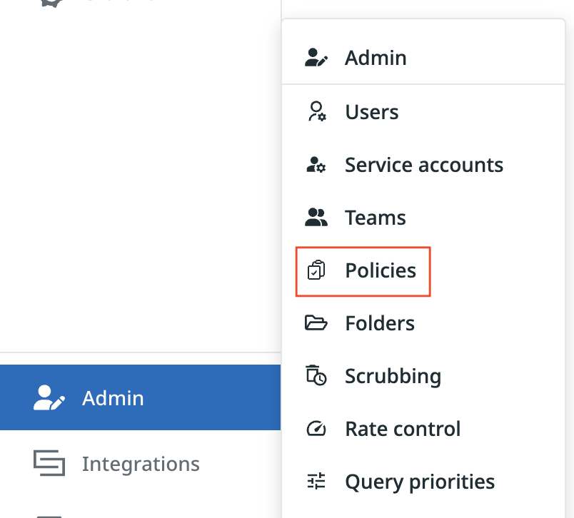 Kloudfuse admin menu with Policies selected