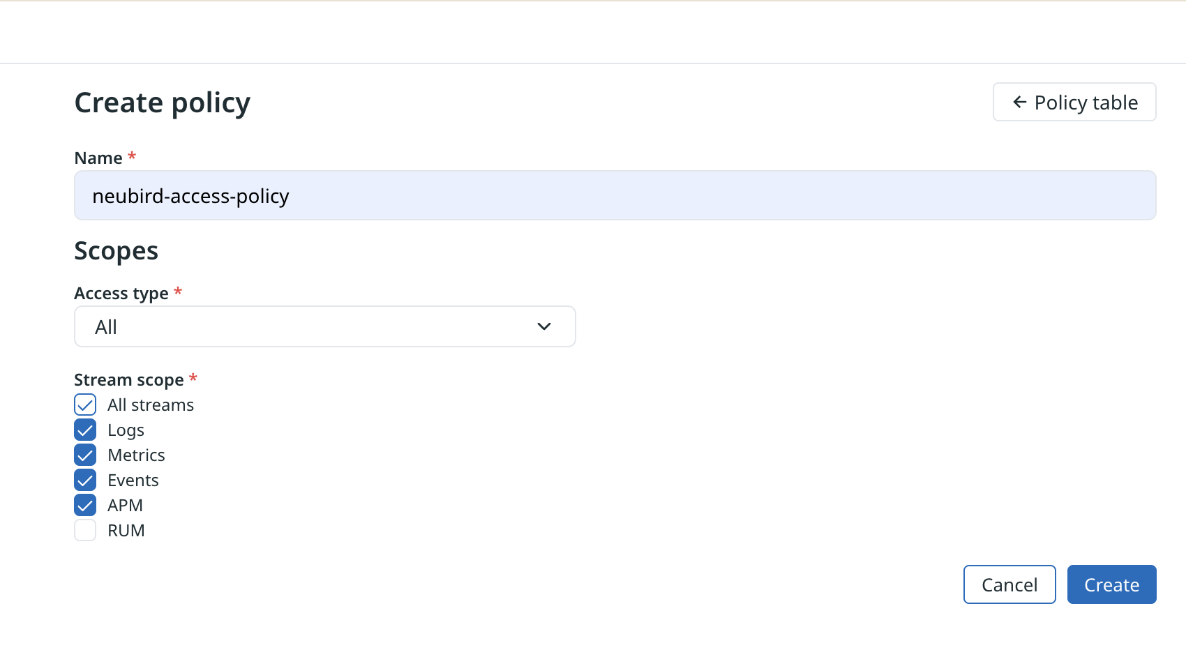 Create policy dialog with scopes selected