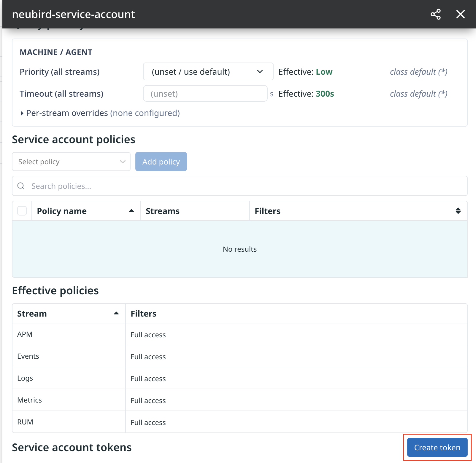 Service account showing effective policies and the Create token button