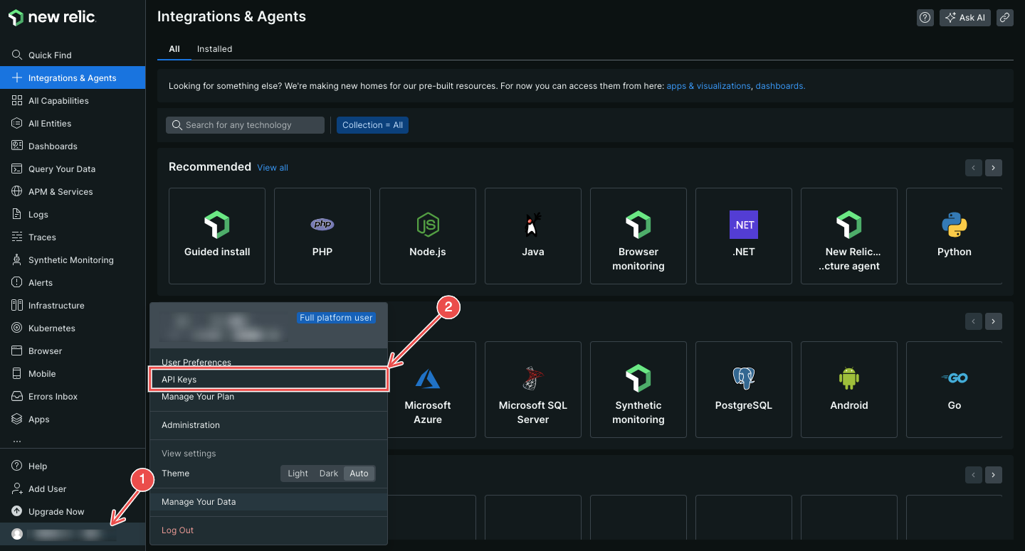 New Relic API Keys page