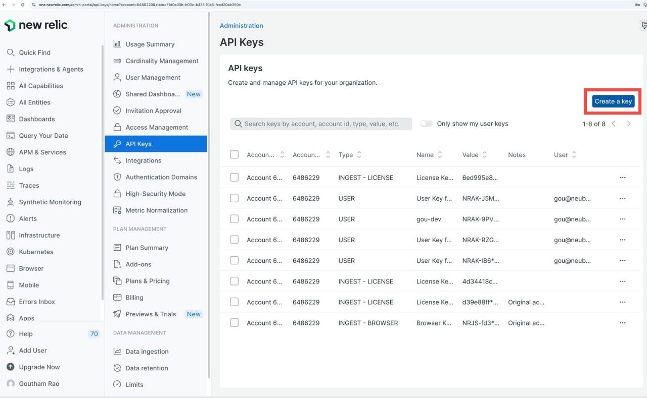 Create a key button in New Relic