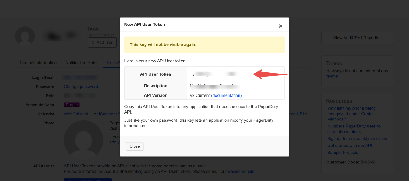 Copy and save the PagerDuty API user token