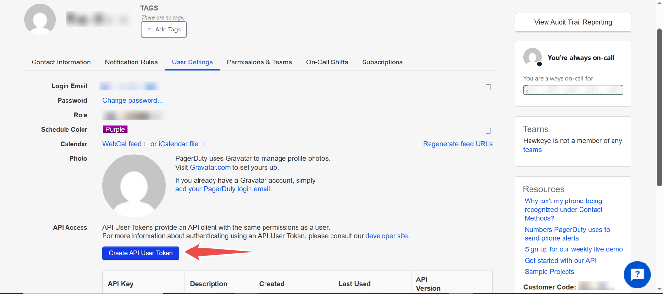PagerDuty Create API User Token button