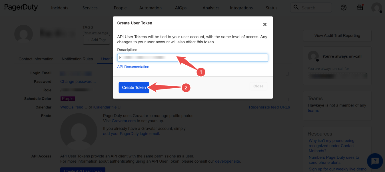 PagerDuty user token description dialog