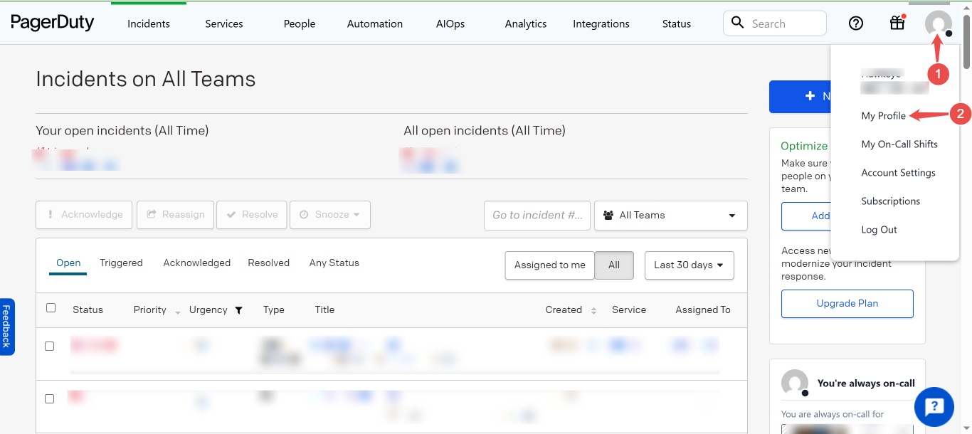 PagerDuty profile menu showing My Profile option