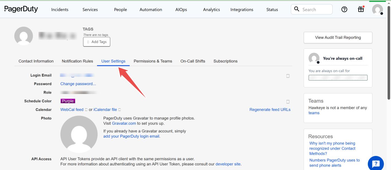 PagerDuty User Settings tab