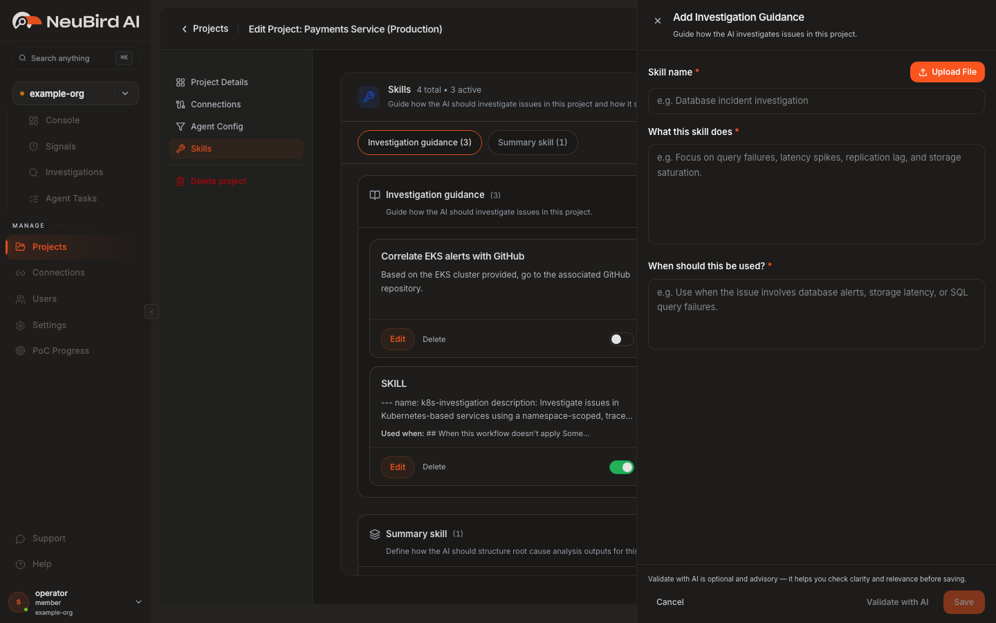 The Add Investigation Guidance panel with Skill name, What this skill does, and When should this be used fields, plus Validate with AI and Save actions