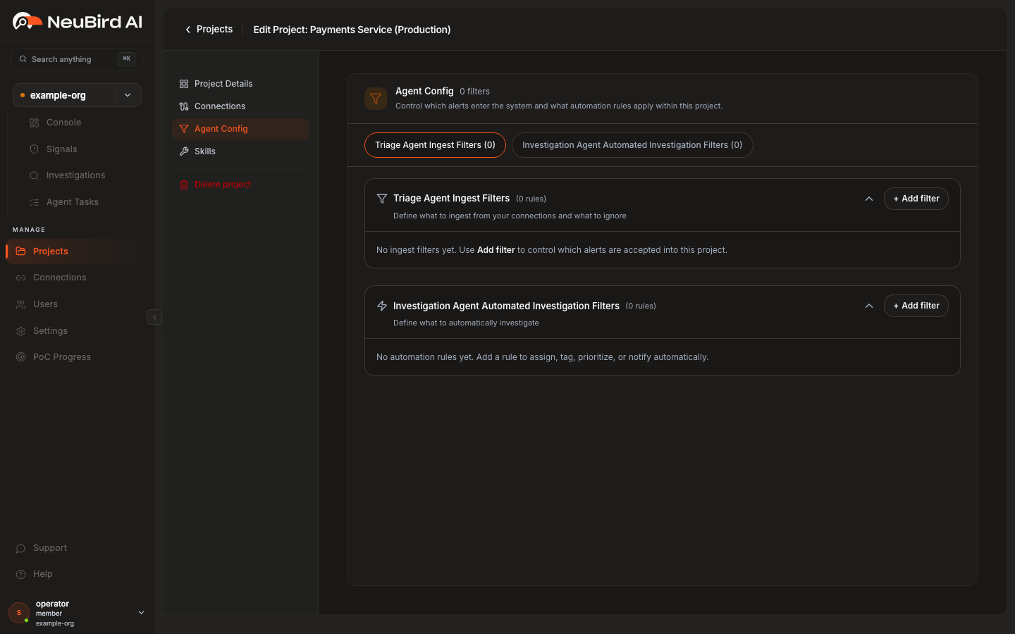 Agent Config showing Triage Agent Ingest Filters and Investigation Agent Automated Investigation Filters, each with an Add filter button