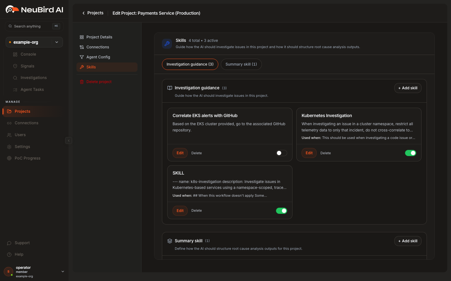 Skills area showing investigation-guidance skill cards with enable toggles and a Summary skill section