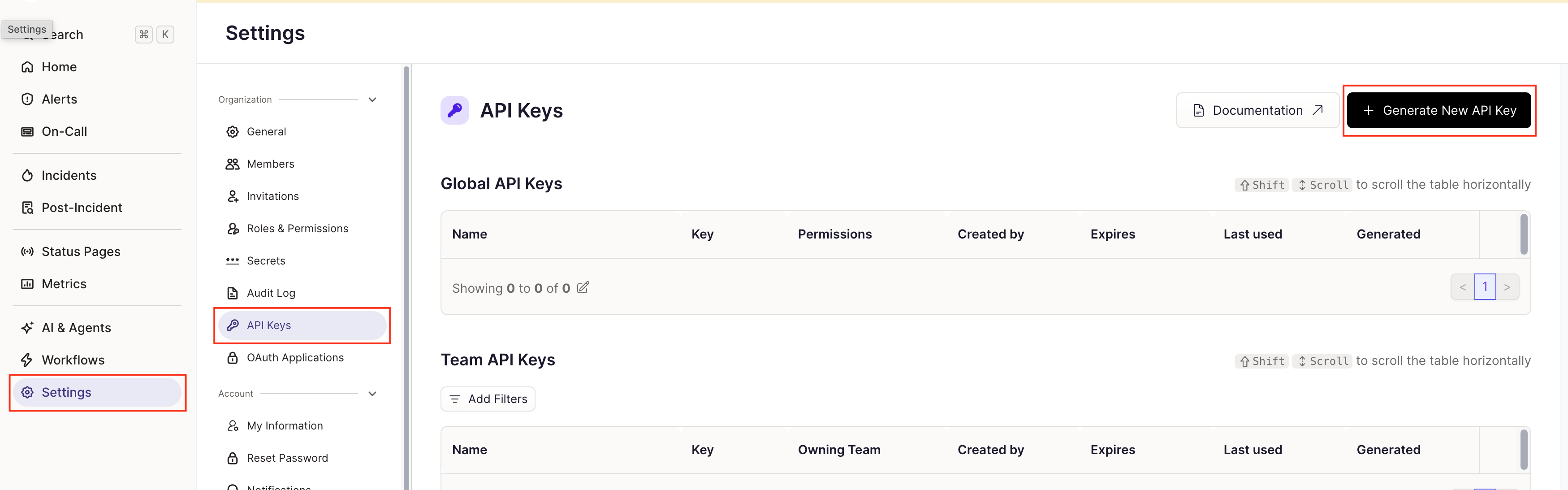 Rootly Settings with API Keys selected and Generate New API Key highlighted