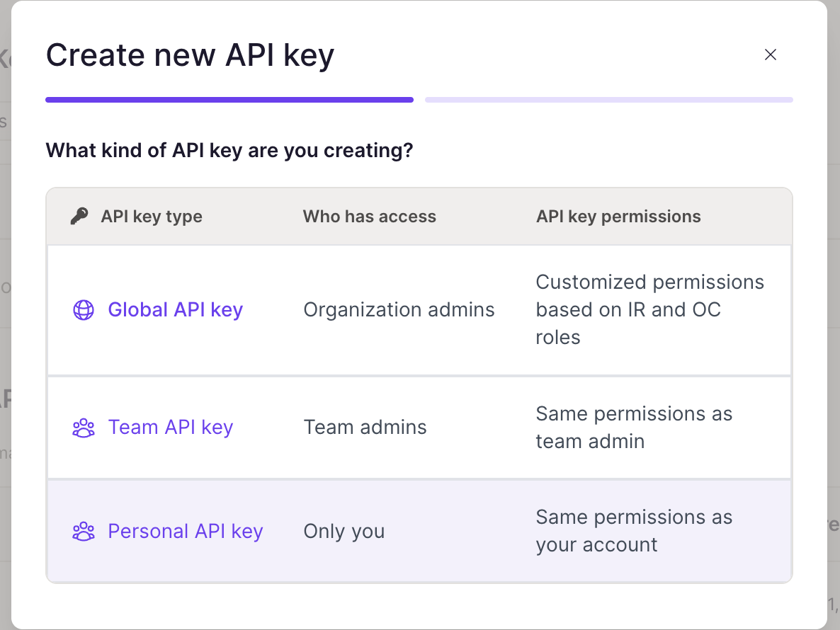 Create new API key dialog showing Global, Team, and Personal key types