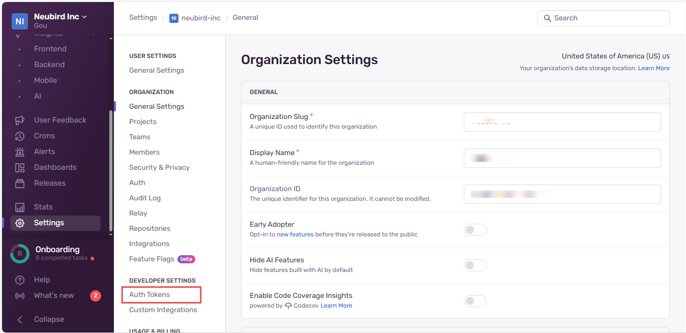Sentry Developer settings - Auth tokens