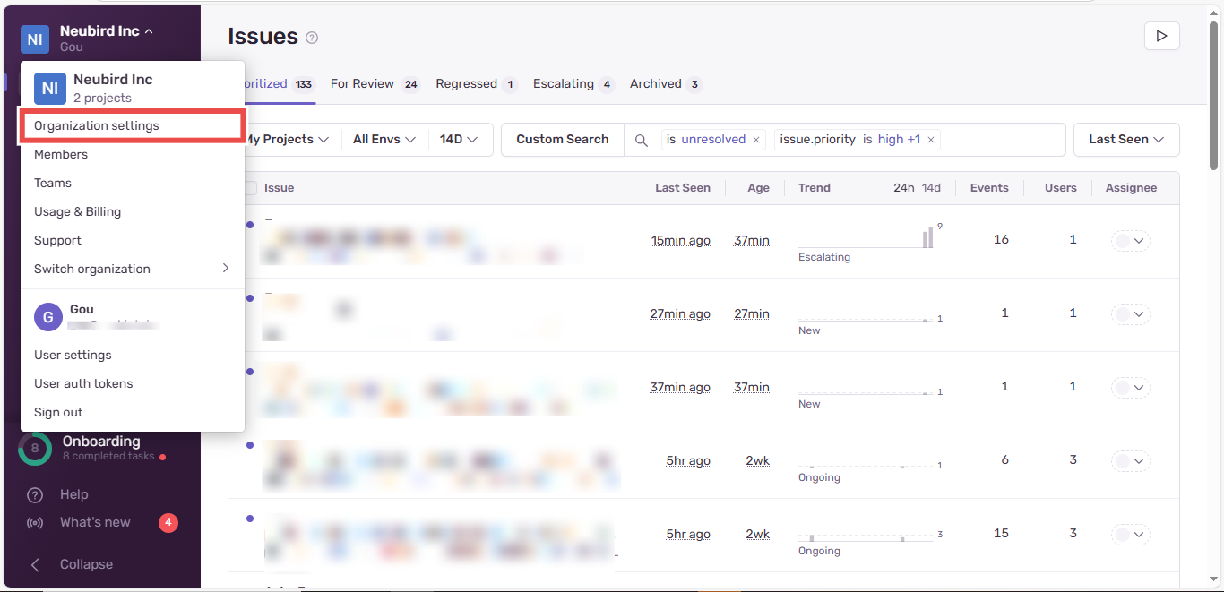 Sentry Organization settings