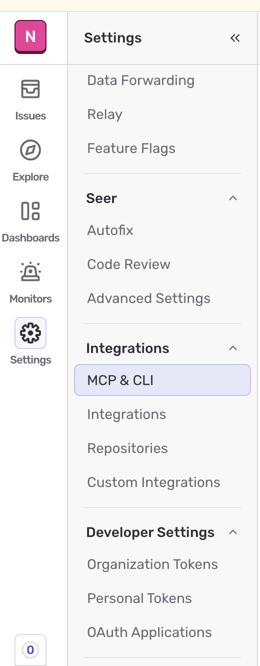Sentry settings navigation to MCP and CLI