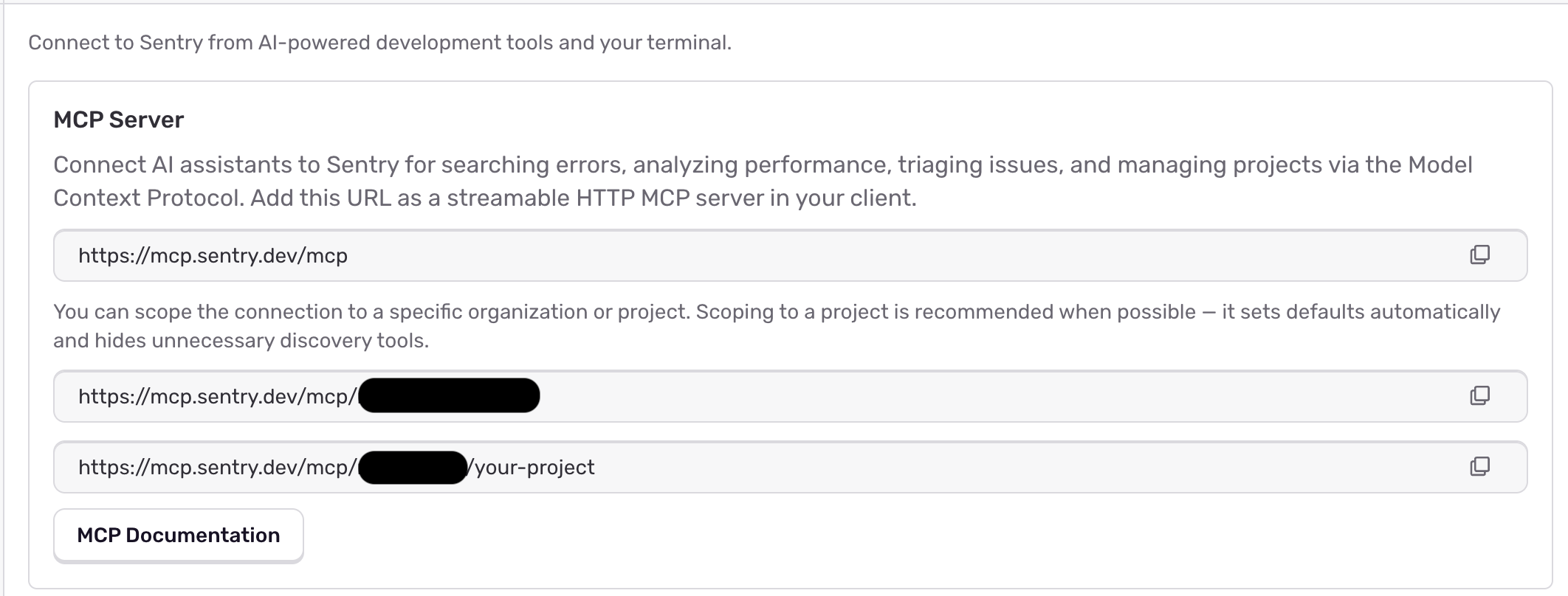 Sentry MCP Server card showing the available endpoint URLs