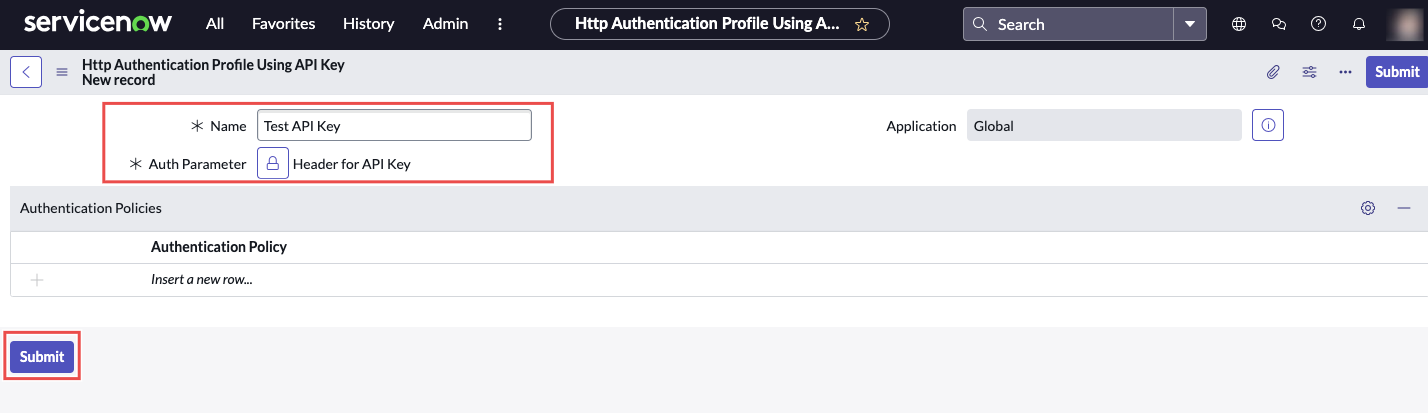 ServiceNow API details form