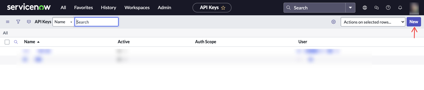 ServiceNow REST API key click new