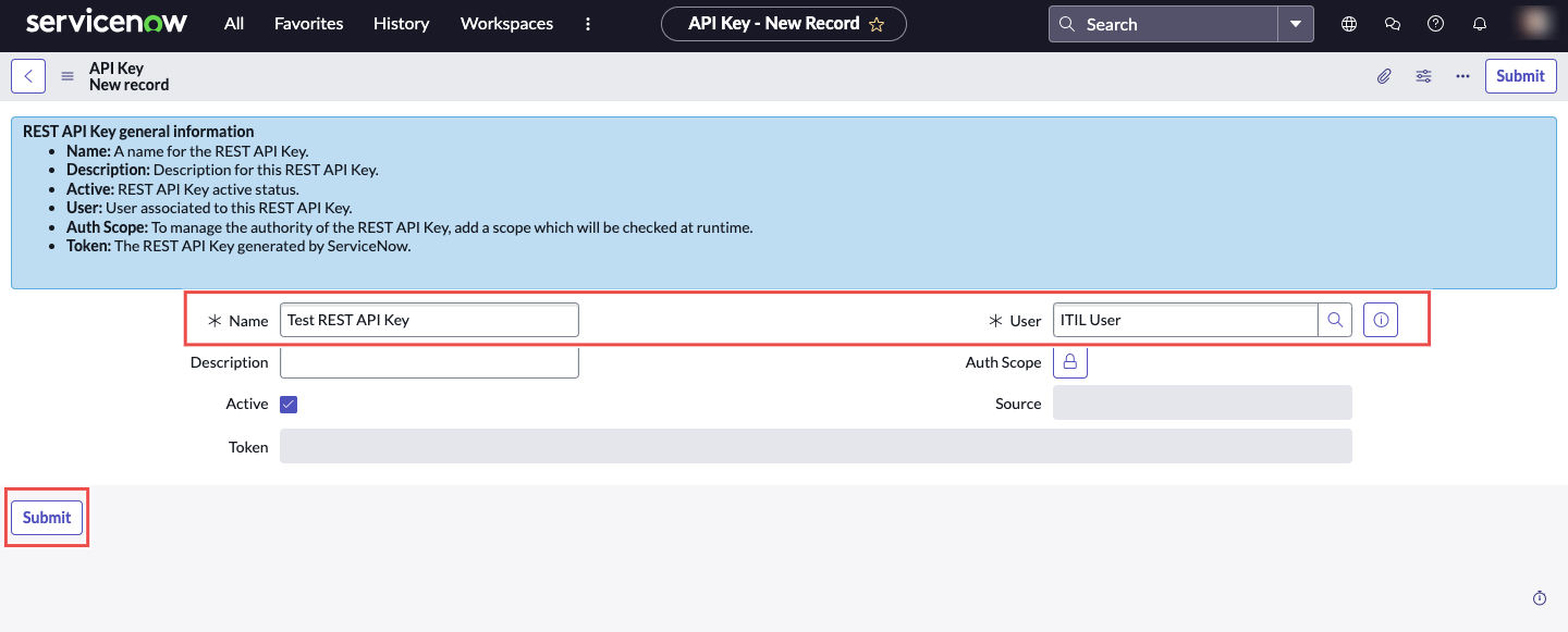 ServiceNow REST API details form