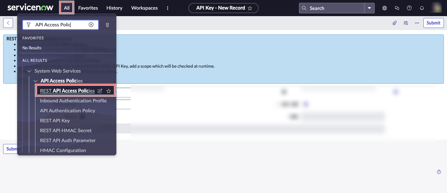 ServiceNow REST API Access Policies navigation