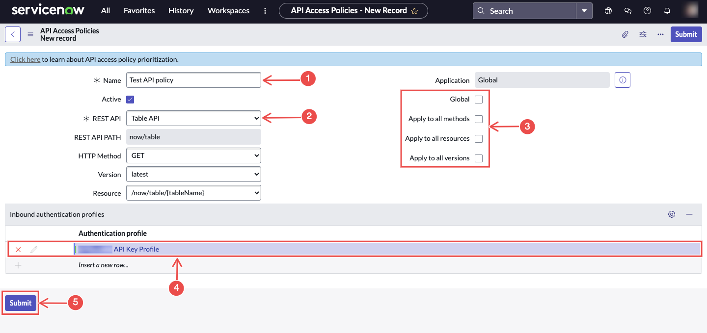 ServiceNow policy details form