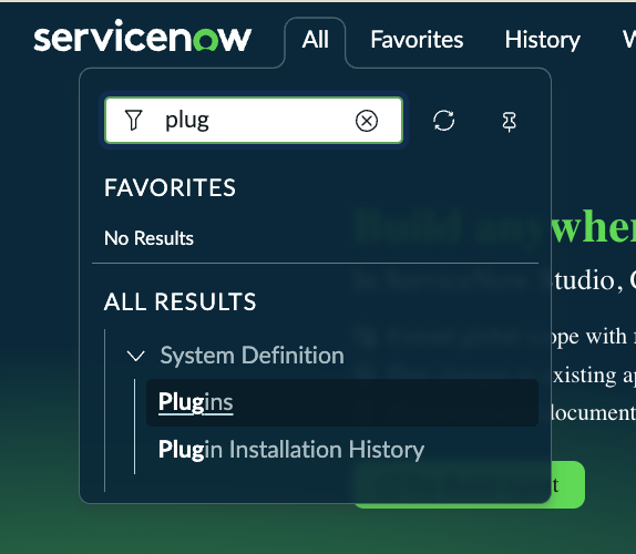 ServiceNow navigation to System Definition Plugins