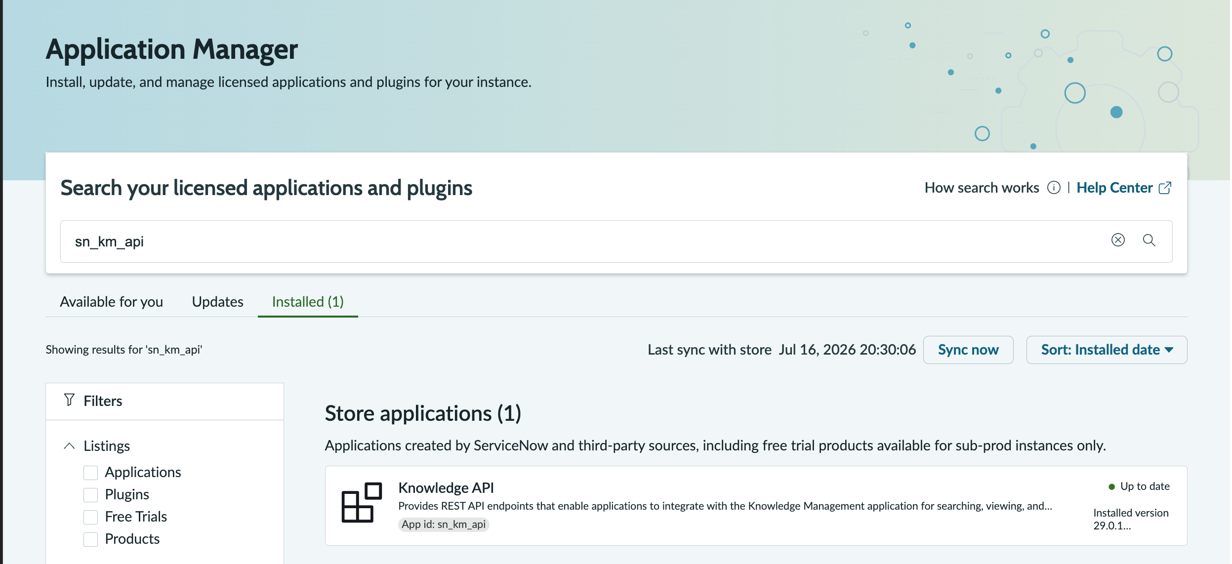 ServiceNow Application Manager showing the Knowledge API plugin