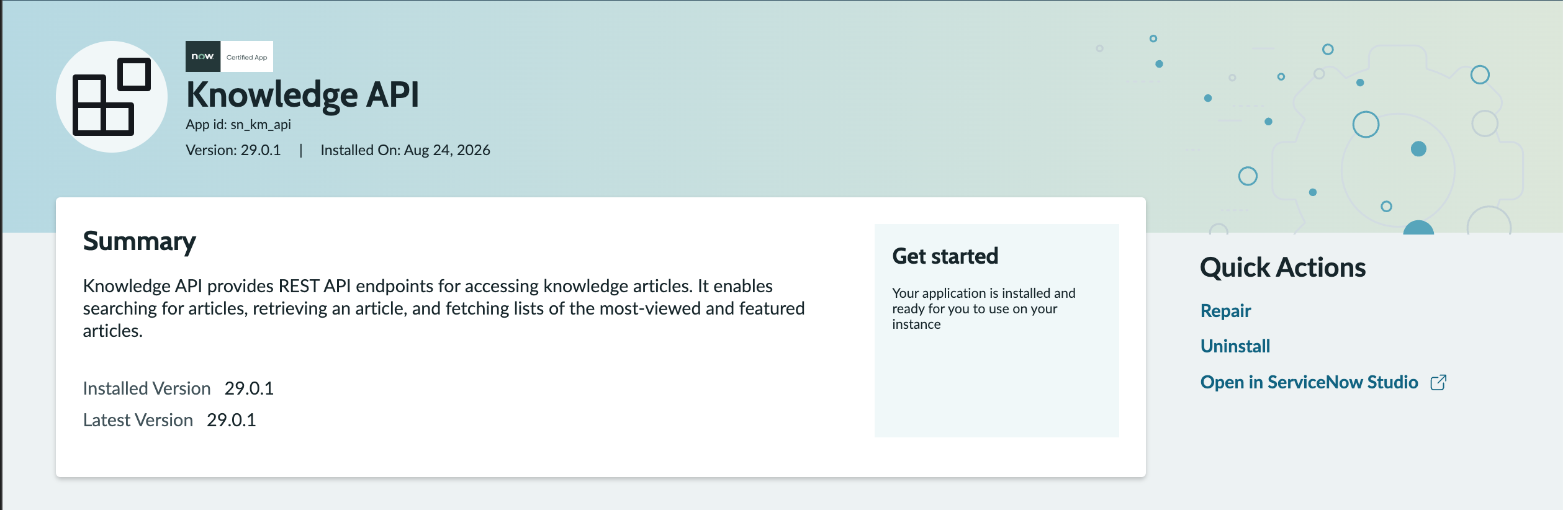 Knowledge API plugin detail page confirming installation