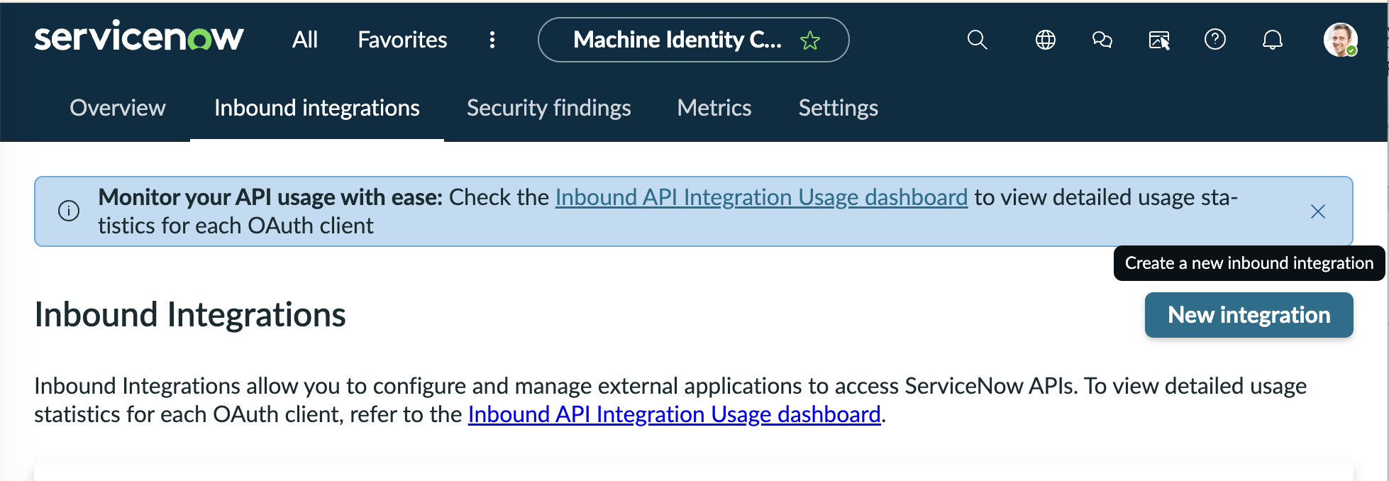 ServiceNow Inbound Integrations page with New integration button