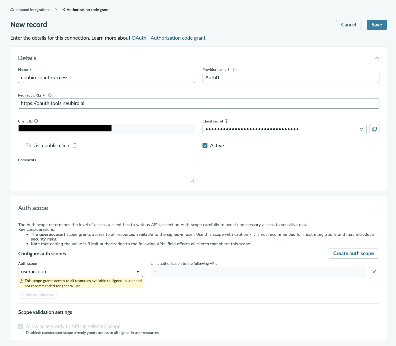 ServiceNow OAuth integration new record form