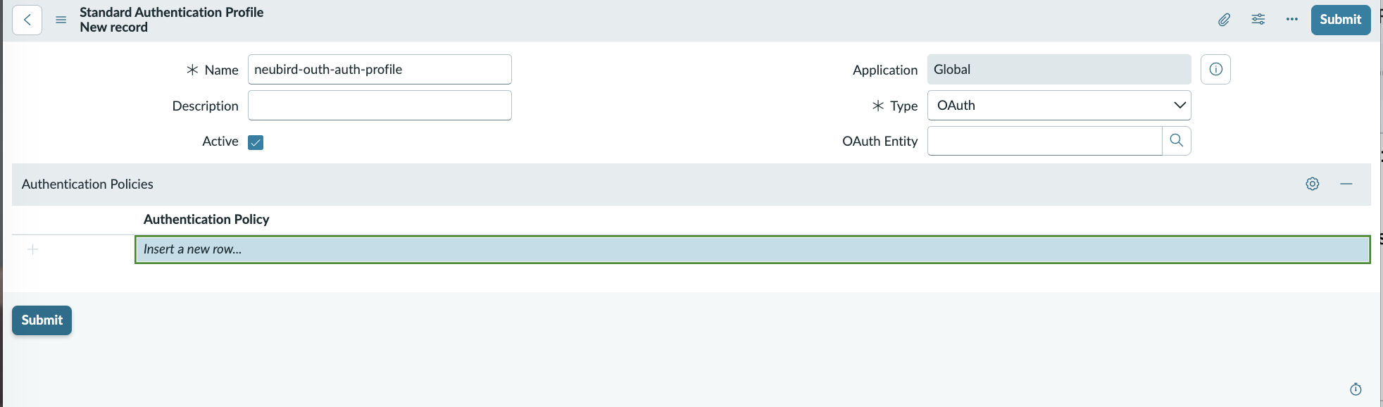 ServiceNow standard authentication profile with OAuth type