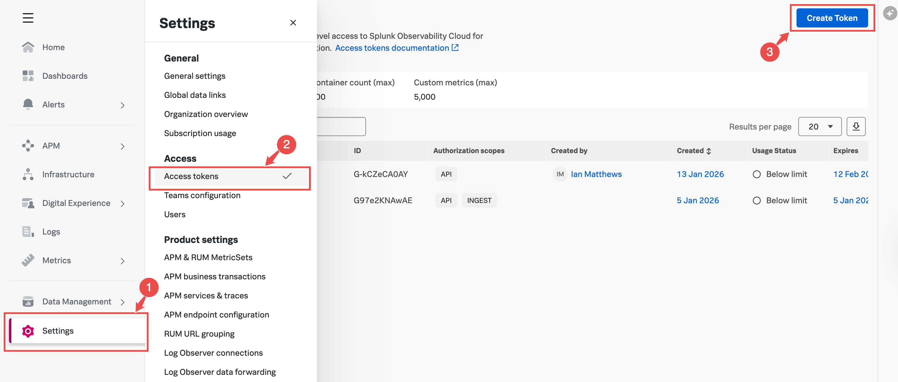 SignalFx Access Tokens page