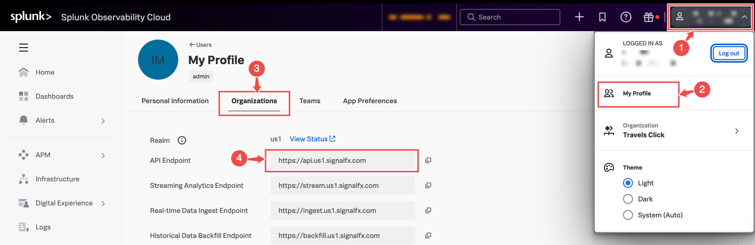 SignalFx API endpoint in profile settings