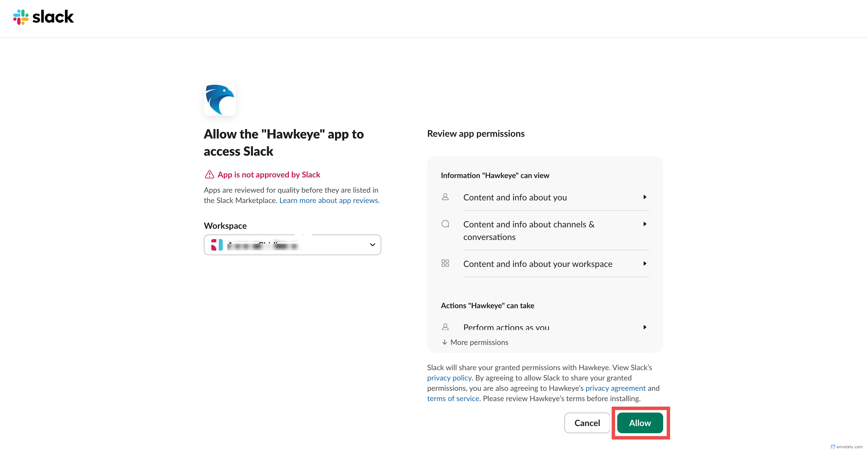 Slack OAuth authorization page with workspace selector and Allow button