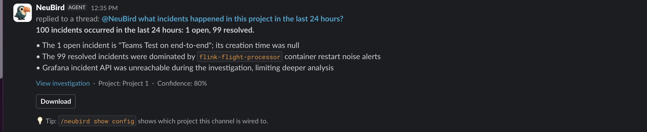 NeuBird's threaded reply to an @mention, broadcast to the channel