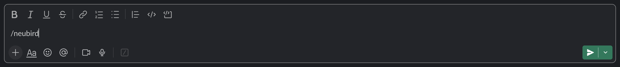 Typing the /neubird slash command in Slack