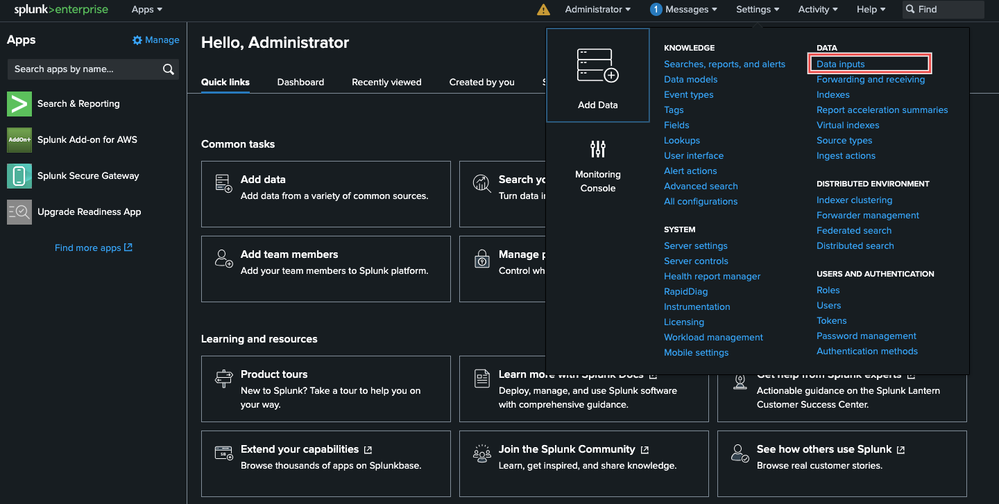 Splunk Cloud Settings showing Data Inputs