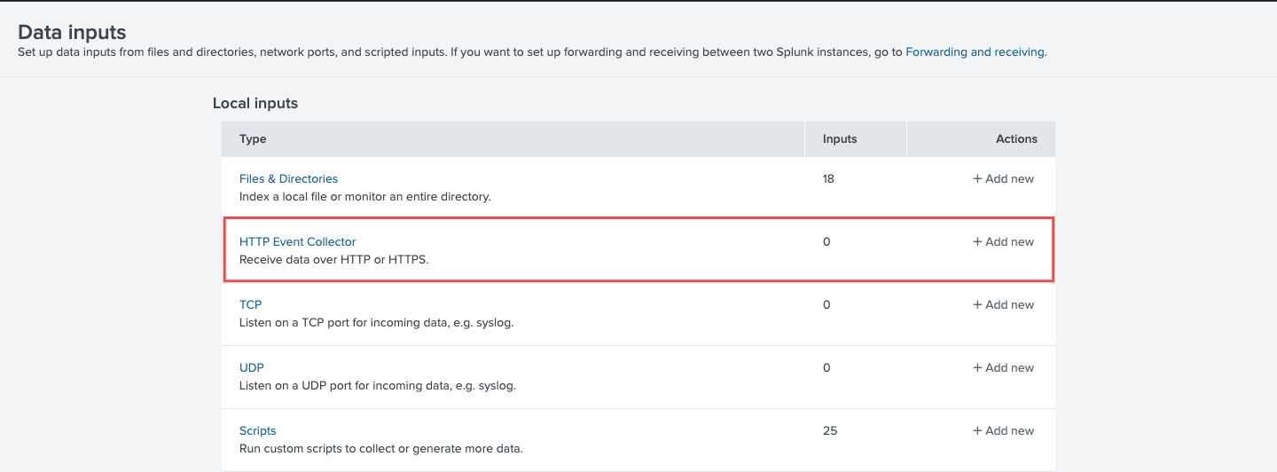 HTTP Event Collector option in Data Inputs