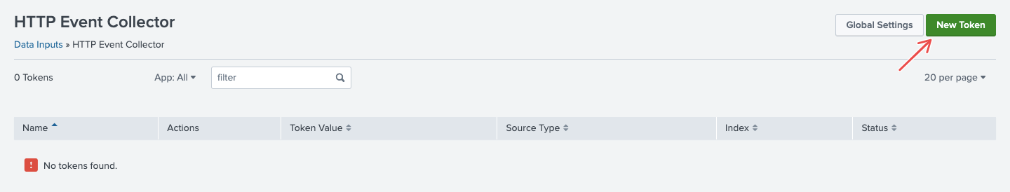 New Token button in HTTP Event Collector