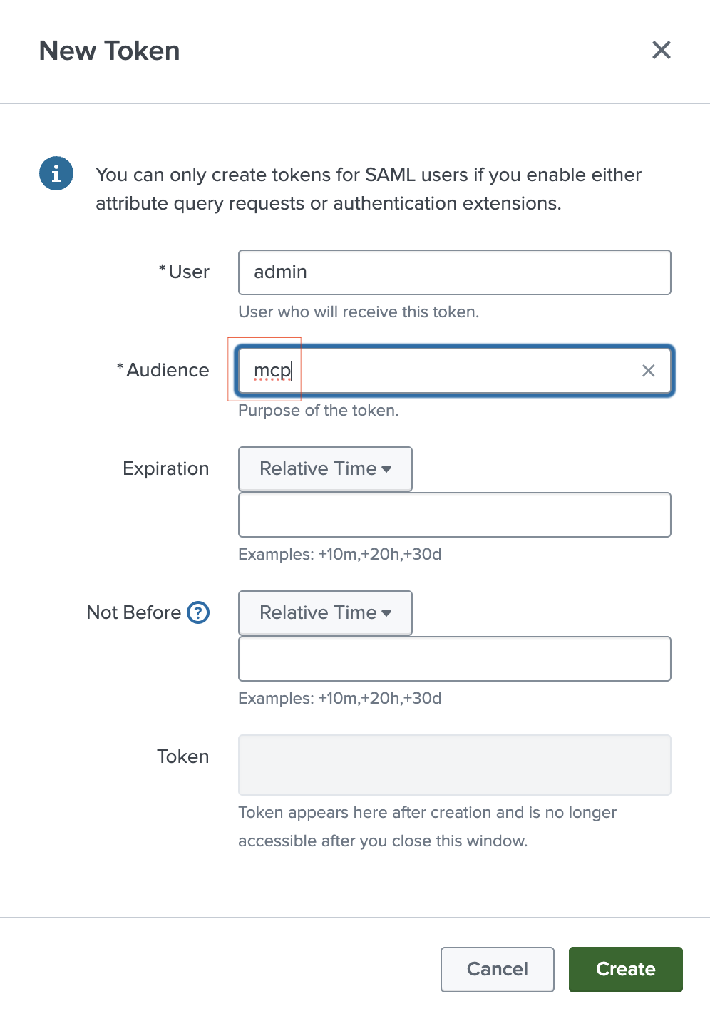 Splunk New Token dialog with user and audience filled in