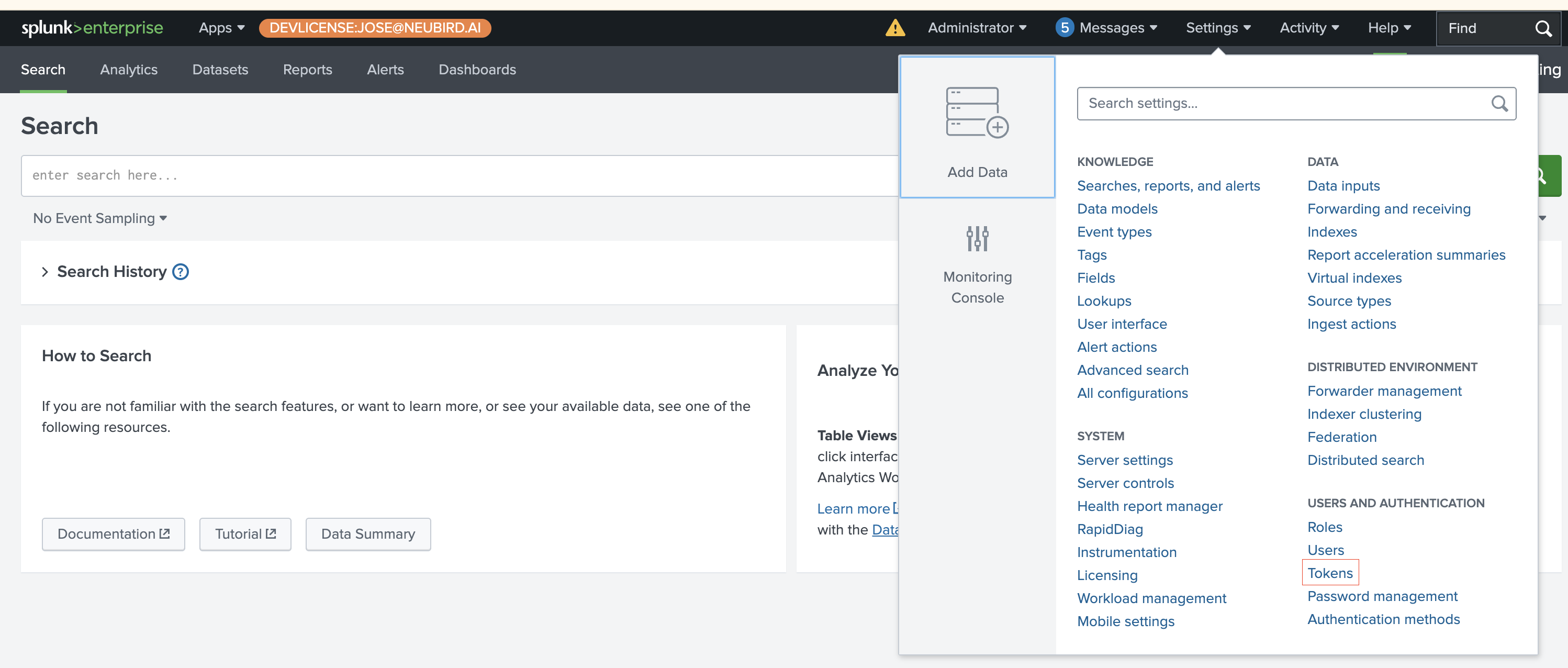 Splunk Settings menu with Tokens highlighted