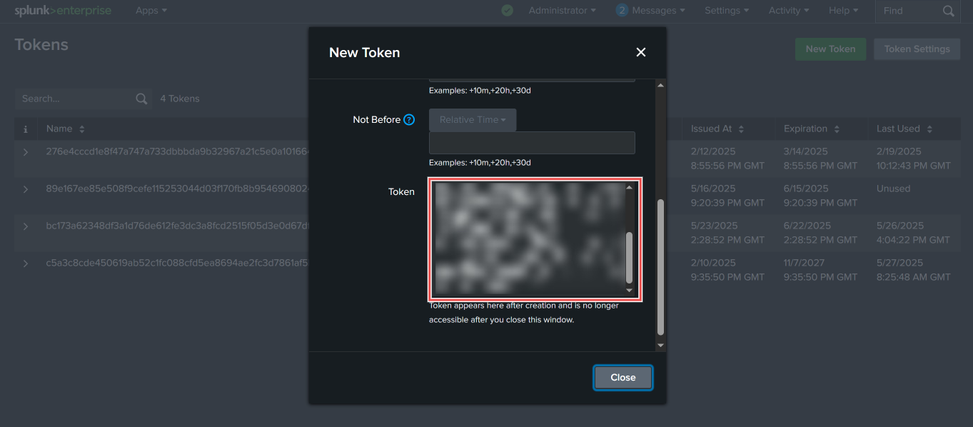 Splunk New Token dialog showing the generated token