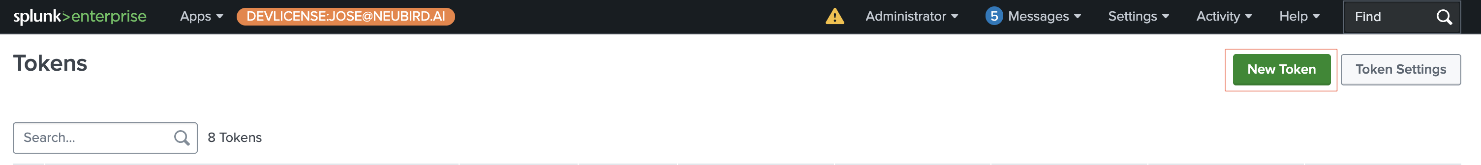 Splunk Tokens page with the New Token button