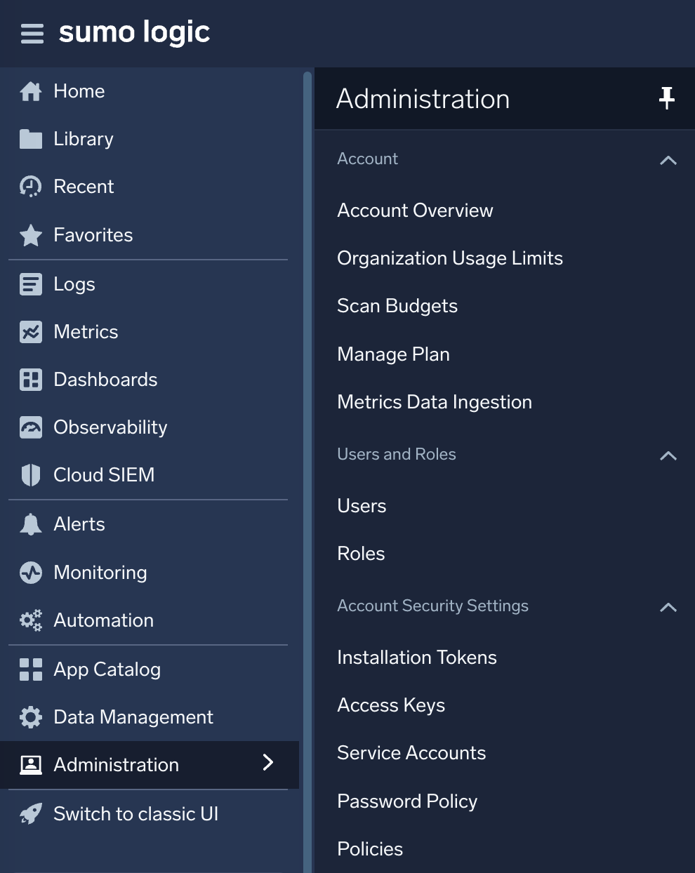 Sumo Logic Administration menu with Access Keys under Account Security Settings